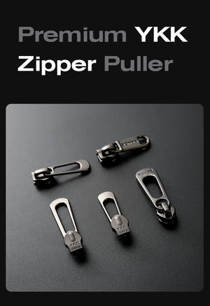 Premium YKK zipper pullers on black fabric hardware set
