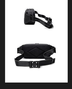Black crossbody bag with adjustable webbing strap and front buckle detail