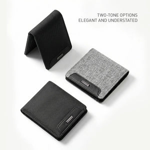 Minimalist bifold card wallets in black and gray, shown from different angles