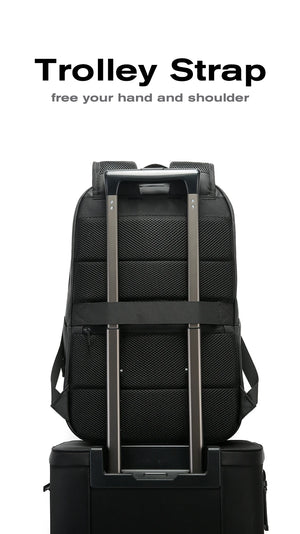 Black travel backpack with trolley strap for rolling luggage attachment