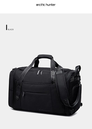 Black duffle and sports bag with front zipper pocket, top handle, and shoulder strap