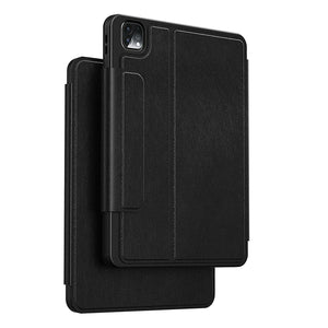 Protective iPad keyboard case front and back covers in black with strap hinge
