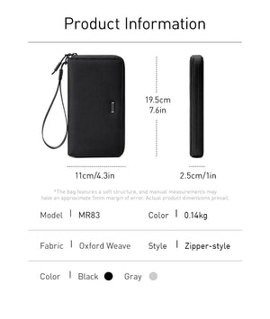 Black long clutch wallet with wrist strap, textured fabric and zipper closure