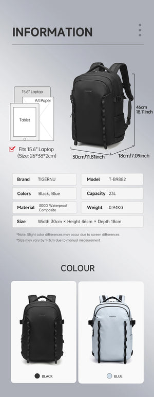 Black large waterproof travel backpack with padded shoulder straps and front zip pockets