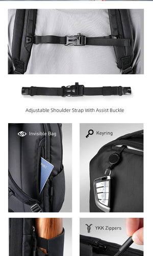 Compact laptop backpack with adjustable shoulder strap, keyring clip, and hidden pocket