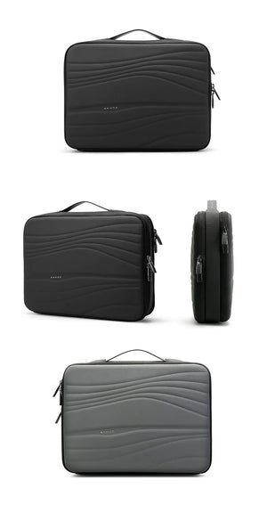 Black laptop sleeve shown in front, side, and back views with zipper closure.