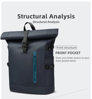 Dark roll-top travel backpack with front pocket and adjustable shoulder strap