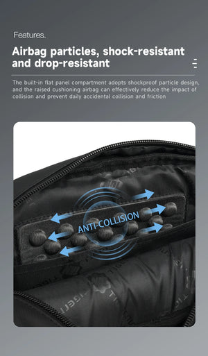 Black crossbody bag interior with padded shock-resistant design detail.