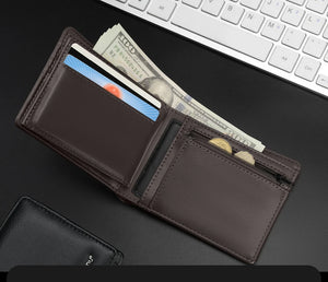 Brown PU leather bi-fold wallet open with card slots and coin compartment