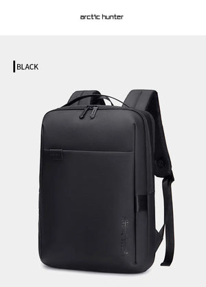 Black waterproof travel backpack with front pocket and adjustable shoulder straps