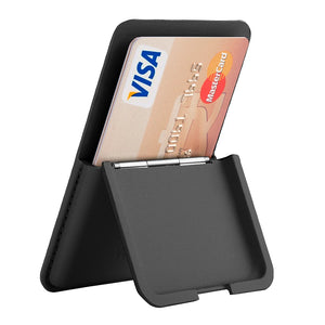 Magnetic leather card holder wallet with pop-up slot, holding a card and ID