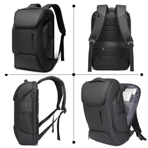 Waterproof travel backpack shown front, back, and side with adjustable shoulder straps