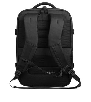 Black travel backpack with padded back panel and adjustable shoulder straps