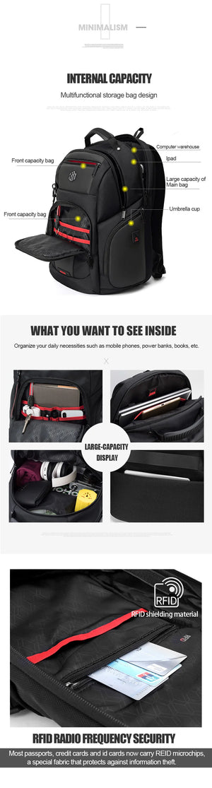 Black waterproof travel backpack with multiple internal compartments and RFID protection