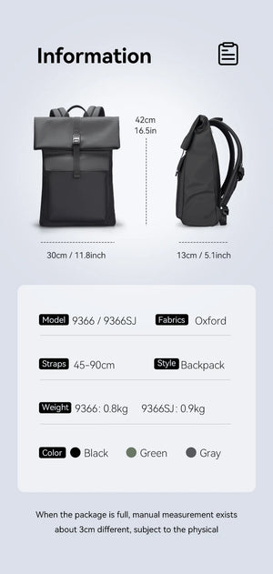 Roll-top waterproof backpack, front and side views with adjustable buckle strap