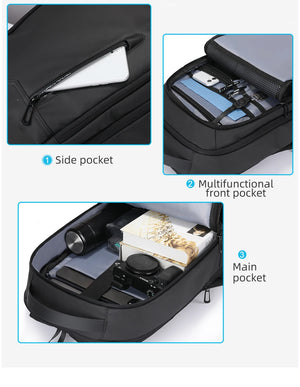 Black backpack with side pocket and multifunctional front pocket, interior organizers