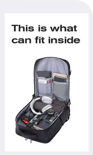 Black travel backpack open to show organized interior pockets for electronics and accessories