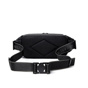 Black crossbody bag open view with mesh inner pocket and adjustable shoulder strap