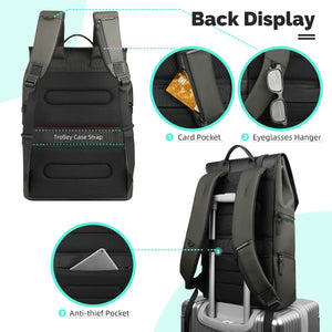 Black travel backpack with padded back panel, trolley strap, and interior card pocket