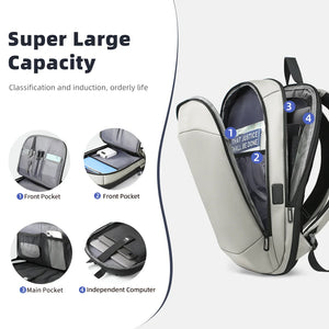 Travel backpack with multiple compartments and front pockets, light gray/black
