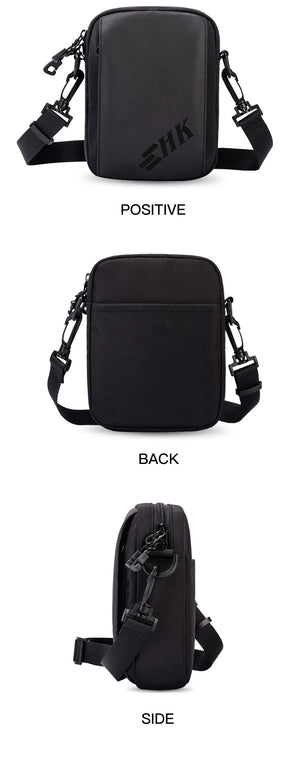 Black crossbody messenger bag shown front, back, side views with double zip and shoulder straps