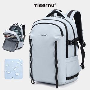 Light blue waterproof backpack with front pocket and adjustable shoulder straps