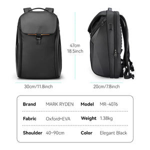 Black waterproof backpack front and side views with top handle and side zippers