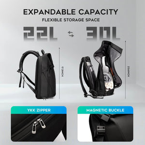 Black expandable capacity travel backpack shown with front and side views.