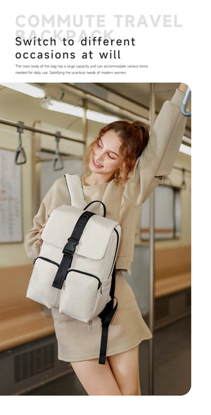 Beige compact commuter backpack with top handle and front buckle straps