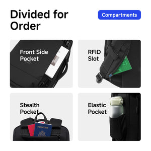 Black backpack with front side pocket, RFID slot, stealth pocket, and elastic pocket