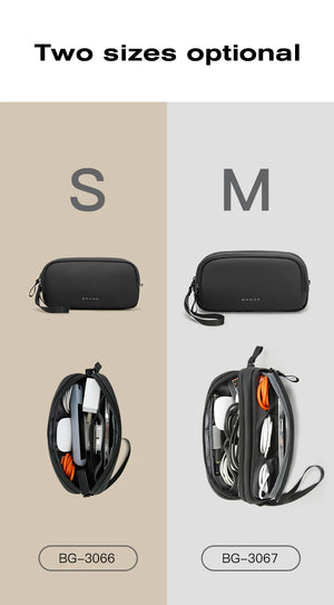 Two sizes of black tech storage bag with zipper and wrist strap