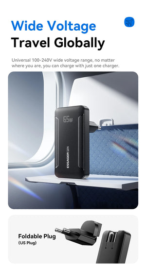 ESSAGER 65W Ultra Thin GaN Pro Travel USB Charger with Quick Charge 4.0 and PD3.0 - Black
