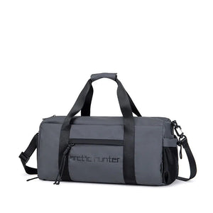 Waterproof duffel bag in dark grey with side zipper and adjustable shoulder strap