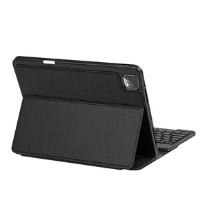 Black keyboard case with textured cover and camera opening, on folio stand