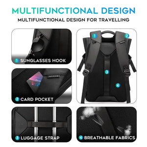 Black multifunction travel backpack with sunglasses hook, card pocket, and luggage strap.
