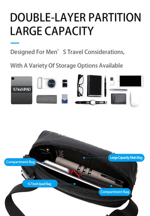 Black crossbody bag with double-layer partition and large capacity main compartment