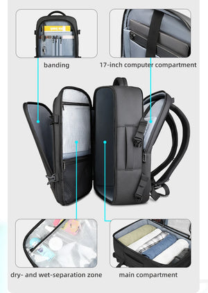 Black backpack shown open with 17-inch computer compartment and dry/wet separation zone