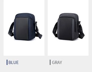 Compact messenger bag, blue and gray with front panel and adjustable strap