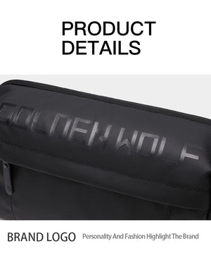 Black crossbody bag close-up with debossed lettering on the top front panel