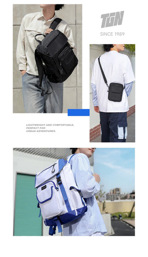Black detachable backpack messenger bag worn on shoulder and back, with front crossbody