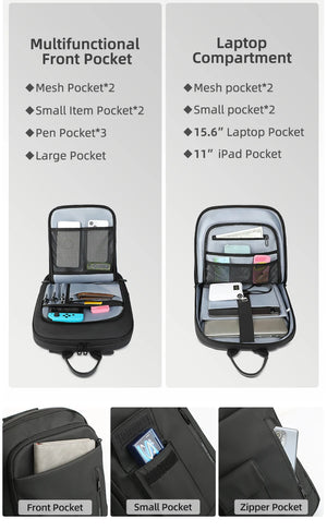 Black backpack interior showing mesh pockets, pen pocket, and zipper pocket layouts