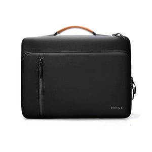 Black laptop bag with brown top handle and vertical zip pocket detail