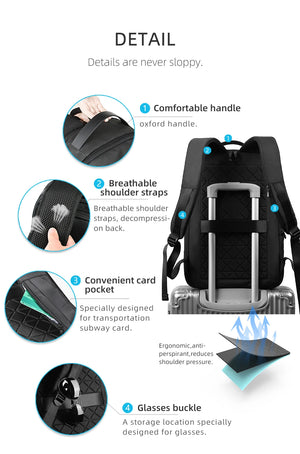 Black backpack with comfortable handle, breathable shoulder straps, card pocket