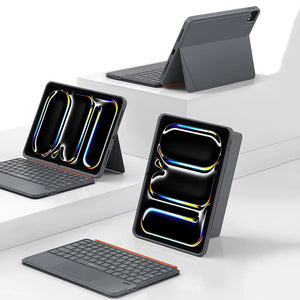 Gray keyboard case with folio stand and detachable keyboard, shown in multiple angles