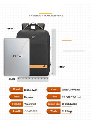 Black travel backpack front view showing laptop sleeve size and compact 44cm height.