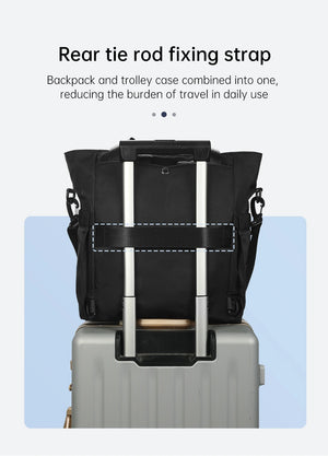 Waterproof backpack with rear tie-rod fixing strap for trolley handle attachment