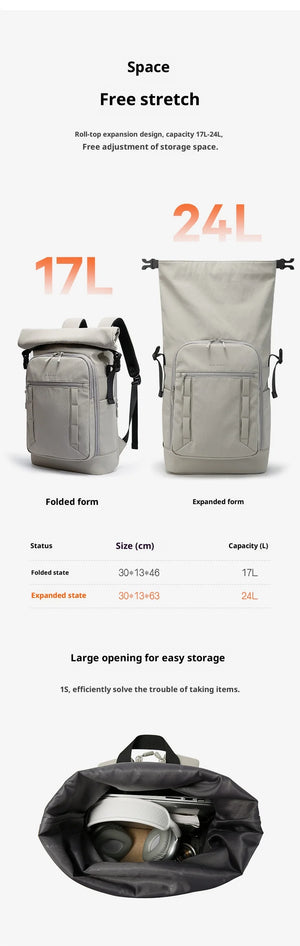 Expandable roll-top backpack infographic showing 17L to 24L capacity and storage options