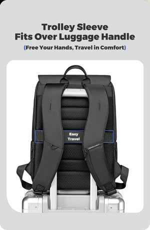 Black backpack with trolley sleeve and padded back panel for hands-free travel