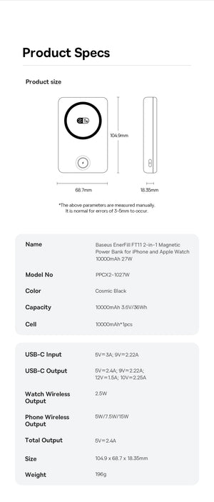 BASEUS EnerFill FT11 2in1 Magnetic Power Bank for iPhone and Apple Watch
