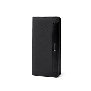 Black long bifold wallet with textured exterior and slim front card slot panel.